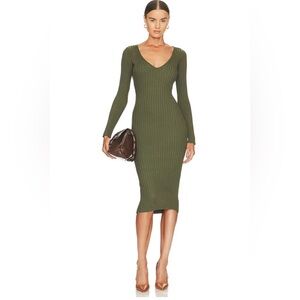 NBD Bekah Long Sleeve Ribbed B neck Midi Sweater Dress Olive Green Size S